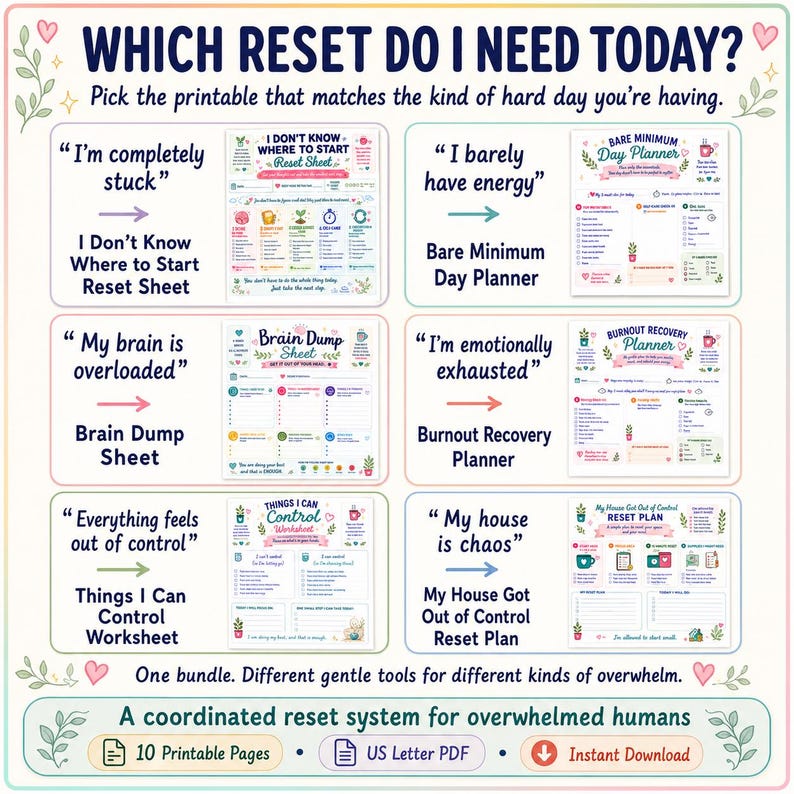 May include: A digital printable bundle titled Which Reset Do I Need Today? featuring six distinct planning sheets including the I Don't Know Where to Start Reset Sheet, Bare Minimum Day Planner, Brain Dump Sheet, Burnout Recovery Planner, Things I Can Control Worksheet, and My House Got Out of Control Reset Plan.