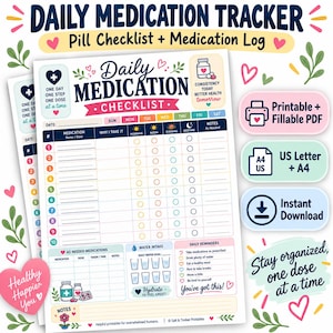 Medication Tracker Printable | Daily Medication Log & Pill Checklist | Fillable PDF | Chronic Illness Caregiver Planner