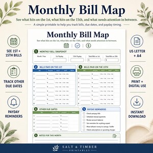 K&ouml;nnte beinhalten: Eine druckbare Monthly Bill Map Planerseite mit Abschnitten f&uuml;r eine monatliche &Uuml;bersicht, Rechnungen zum 1. und 15., weitere F&auml;lligkeitstermine und Gehaltszahlungserinnerungen. Enth&auml;lt Spalten f&uuml;r Rechnungsnamen, Betr&auml;ge und Status-Kontrollk&auml;stchen.