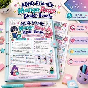 May include: A light blue ADHD-Friendly Manga Reset Binder Bundle with a heart-shaped clasp. The bundle includes printable planner sheets, with the text "ADHD-Friendly Manga Reset Binder Bundle" and "Etsy-Ready Printable Companion". Also included are stickers and pens.