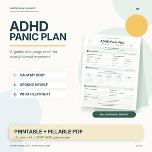 Op de afbeelding: Een digitaal ADHD Panic Plan werkblad met secties voor het kalmeren van het lichaam, aarden en volgende stappen. Het document bevat selectievakjes en tekstvelden voor invoer, met de tekst ADHD Panic Plan bovenaan het blad.