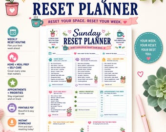 Sunday Reset Planner Printable | Weekly Checklist, Self-Care, Meal Planning (Digital Download)