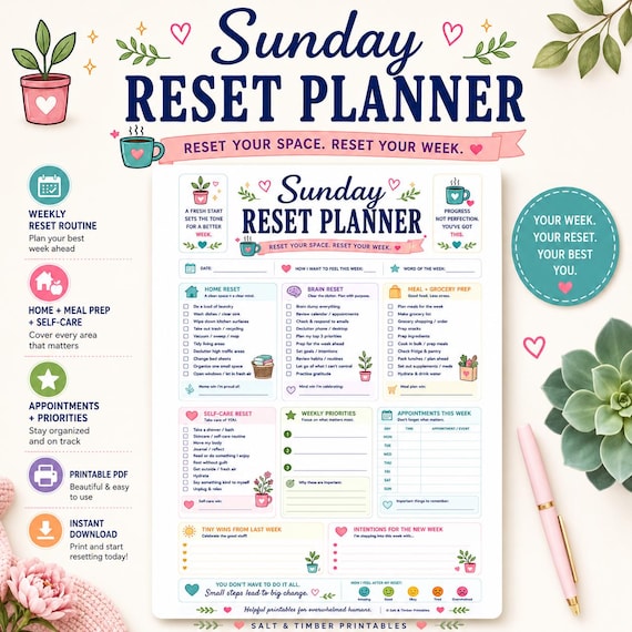 Sunday Reset Planner Printable | Weekly Checklist, Self-Care, Meal Planning (Digital Download)