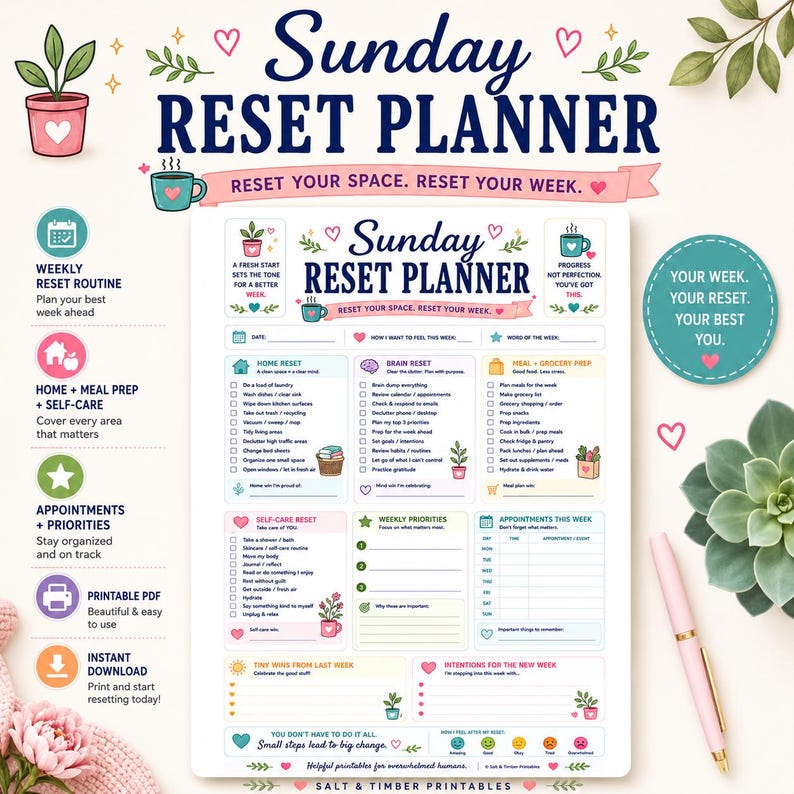 May include: A Sunday Reset Planner printable page featuring sections for home, brain, and self-care tasks. The document includes checklists for weekly routines, meal prep, and appointments, decorated with small plant and heart icons in pastel colors.