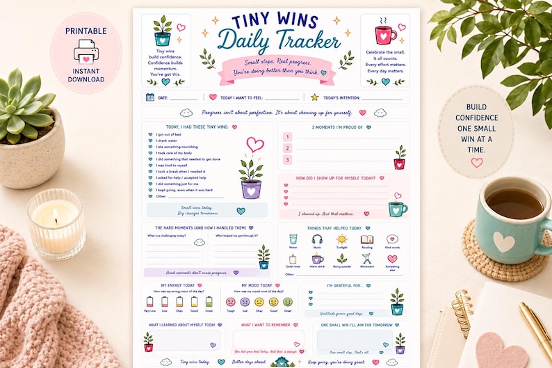 Tiny Wins Daily Tracker | Burnout Recovery, Self Care Journal Printable (Digital Download) image 1