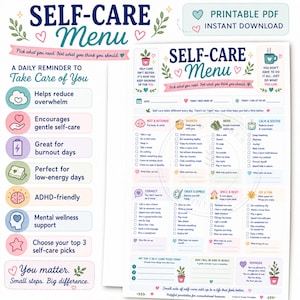Self Care Checklist Printable | Self Care Menu for Burnout, Anxiety & Overwhelm | Mental Health Wellness Planner | Digital Download