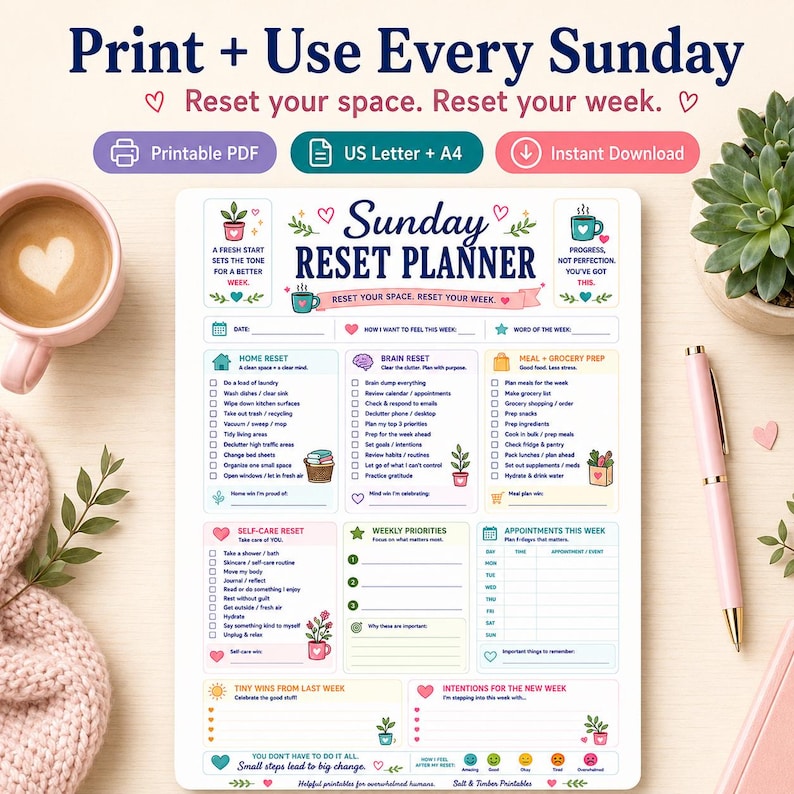 May include: A Sunday Reset Planner printable document featuring sections for home, brain, meal, and self-care tasks. The page includes checkboxes, a weekly priorities list, and an appointment schedule, decorated with small colorful icons and text.