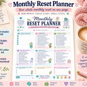 May include: A Monthly Reset Planner printable document featuring sections for monthly priorities, home, financial, wellness, brain, and self-care resets. The page includes checkboxes, icons, and text prompts for goal setting, with a soft color palette.