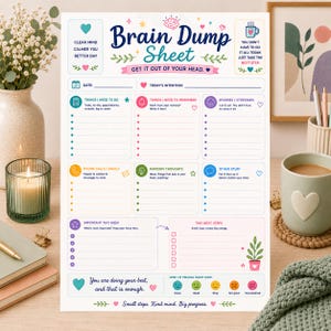 Pode incluir: Uma folha de planeamento Brain Dump Sheet branca com cabeçalhos coloridos e secções para tarefas, lembretes, fatores de stress, chamadas, pensamentos e metas semanais. Inclui um rastreador de humor, uma planta e o texto Get it out of your head.