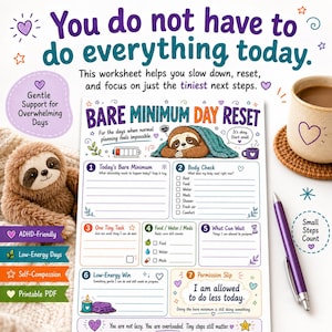 Bare Minimum Day Reset Printable | ADHD Low Energy Planner, Burnout Self Care Worksheet, Gentle Productivity, Executive Dysfunction Help