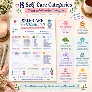 May include: A white self-care menu printable featuring eight categories including Rest and Recharge, Nourish, Move, Calm and Soothe, Connect, Create and Express, Space and Reset, and Joy and Fun, with checkboxes, reflection spaces, and colorful icons.