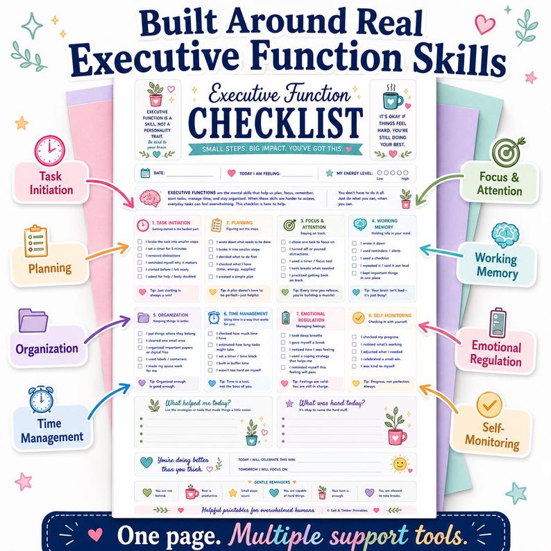 Executive Function Checklist Printable, ADHD Daily Support Worksheet, Focus Planning Organization and Emotional Regulation image 4