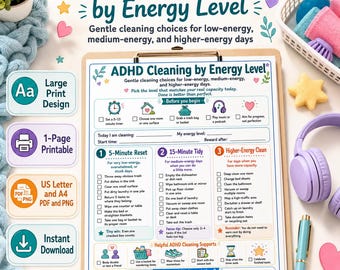 ADHD Cleaning Checklist, Low-Energy Chore Planner, ADHD-Friendly Worksheet (Digital Download)