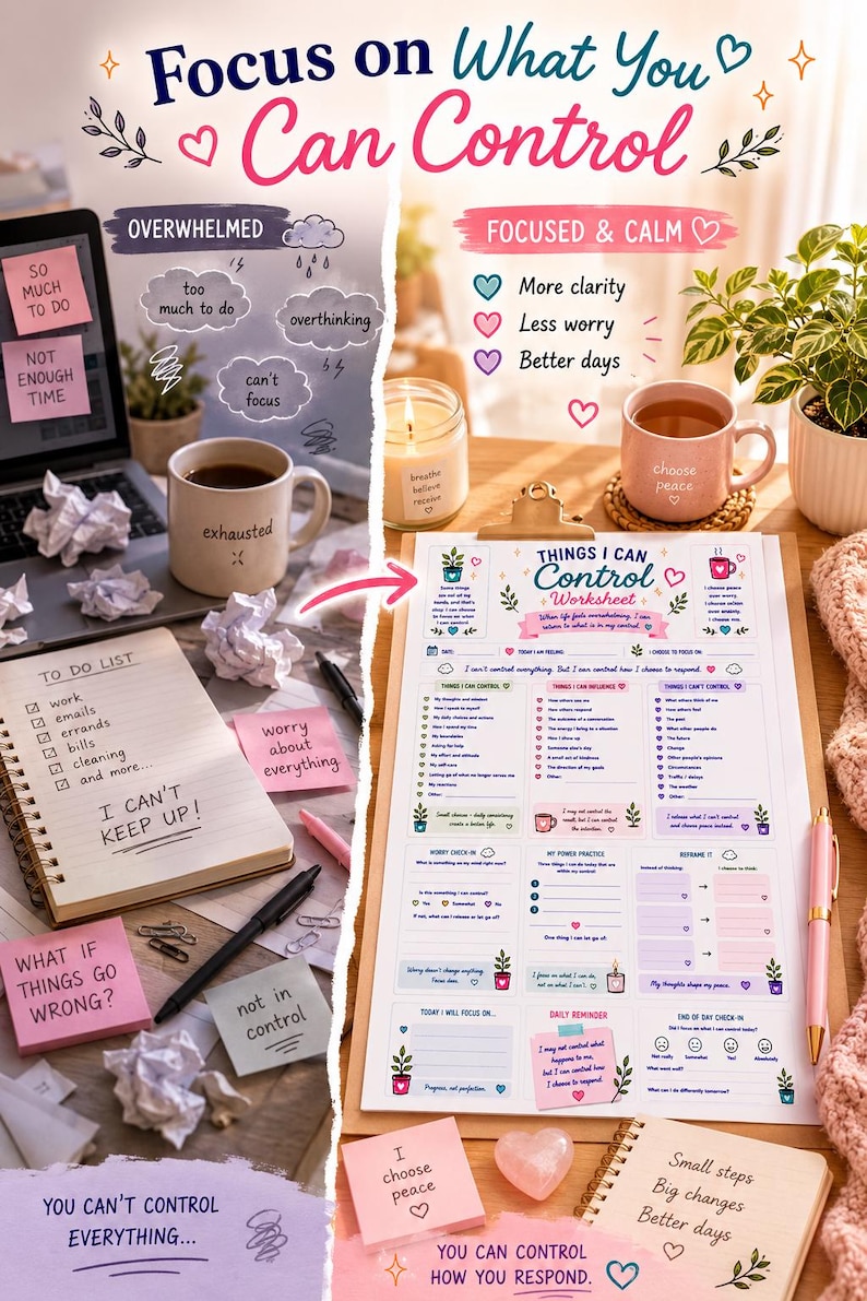 May include: A split-screen graphic titled Focus on What You Can Control. The left side shows a cluttered desk with a laptop, a mug labeled exhausted, and a to-do list stating I CAN'T KEEP UP. The right side features a Things I Can Control worksheet.