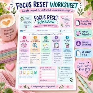 May include: A Focus Reset Worksheet printable PDF with five numbered steps, energy check, and focus plan sections. The document features pastel colours, heart icons, and text including 'Pause. Reset. Choose. Keep going.' alongside a coffee mug and pen.