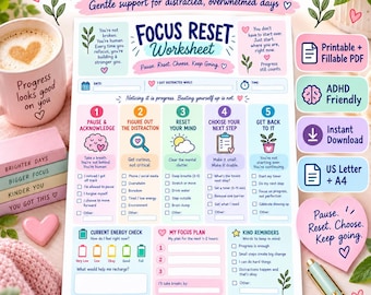 Fillable Focus Reset PDF | ADHD Focus Recovery Worksheet | Gentle Productivity & Task Motivation Printable