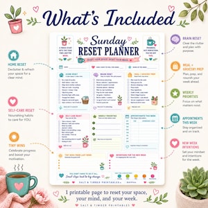 May include: A Sunday Reset Planner printable page featuring sections for home, brain, and self-care resets, meal prep, weekly priorities, and appointments. The layout includes checkboxes, heart icons, and text prompts to organize tasks and intentions.