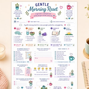 May include: A white paper planner sheet titled Gentle Morning Reset with colorful illustrations and text sections for daily habits, checklists, priorities, affirmations, and mood tracking, featuring icons of plants, mugs, and hearts.