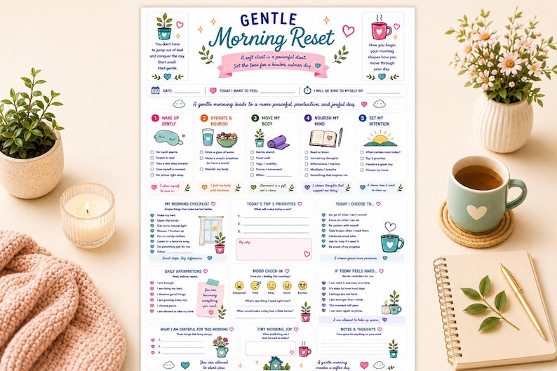 May include: A white paper planner sheet titled Gentle Morning Reset with colorful illustrations and text sections for daily habits, checklists, priorities, affirmations, and mood tracking, featuring icons of plants, mugs, and hearts.