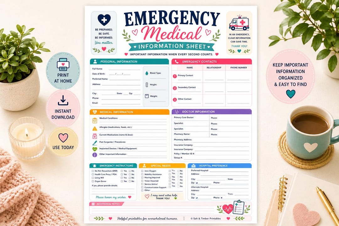 Medical Emergency Information Form | Health Planner Insert | Special ...