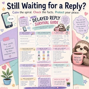 Könnte beinhalten: Ein Arbeitsblatt zur psychischen Gesundheit mit dem Titel The Delayed Reply Survival Guide, das neun Abschnitte mit Checklisten und Fragen enthält. Das Design zeigt Faultiere, Topfpflanzen und Textblasen mit motivierenden Botschaften.