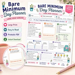 Bare Minimum ADHD Planner Printable | Low Energy Self Care & Gentle Productivity Tracker (Digital Download)
