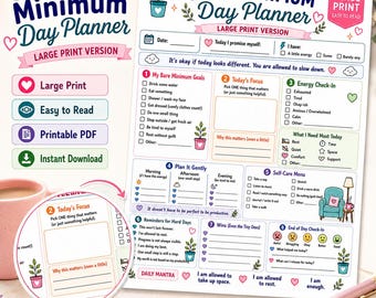 Planificador básico para personas con TDAH (imprimible) / Rastreador de autocuidado y productividad suave con bajo nivel de energía (descarga digital)