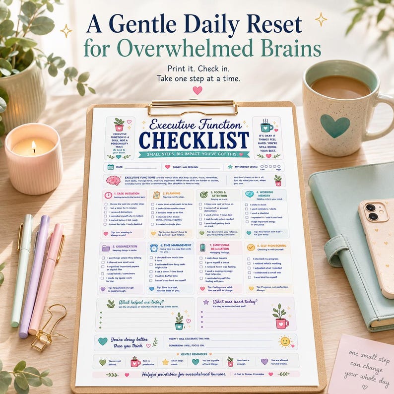 Executive Function Checklist Printable, ADHD Daily Support Worksheet, Focus Planning Organization and Emotional Regulation image 6