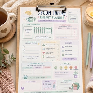 May include: A clipboard with a Spoon Theory Energy Planner, pens, and a cup of tea. The planner has sections for daily spoon count, energy budget, priorities, reminders, and a rest plan. The text on the planner includes "Today I'm proud of..." and "A little kindness."