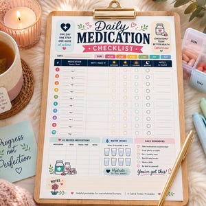 May include: A Daily Medication Checklist printable on a wooden clipboard with a gold clip. The chart features columns for medication, dosage, and daily tracking. It includes sections for water intake, notes, and as-needed medications with colorful icons.