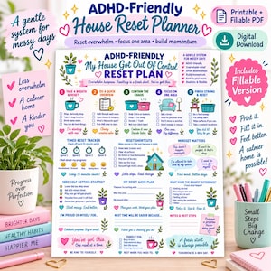 ADHD House Reset Worksheet | Fillable PDF Cleaning Checklist | Overwhelm Reset | ADHD Cleaning Planner Digital Download