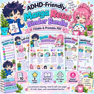 ADHD-checklista för städning | 10 ifyllbara och utskrivbara manga-återställningsarbetsblad för egenvård