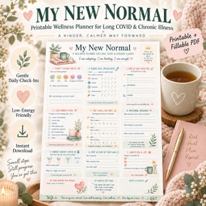 Op de afbeelding: Een printbare welzijnsplanner getiteld My New Normal voor long COVID en chronische ziekten. Het document bevat tien secties, waaronder dagelijkse check-ins, een pacing-tool, energiebesparende plannen, kleine doelen en dankbaarheid.