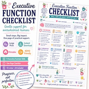 Executive Function Checklist Printable, ADHD Daily Support Worksheet, Focus Planning Organization and Emotional Regulation