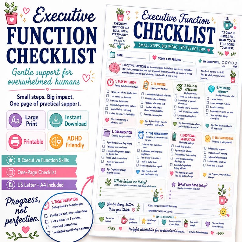 Executive Function Checklist Printable, ADHD Daily Support Worksheet, Focus Planning Organization and Emotional Regulation image 1