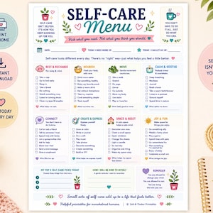 Menu de autocuidado | Lista de verificação de bem-estar | Planejador de recuperação da síndrome de burnout | (Download digital)