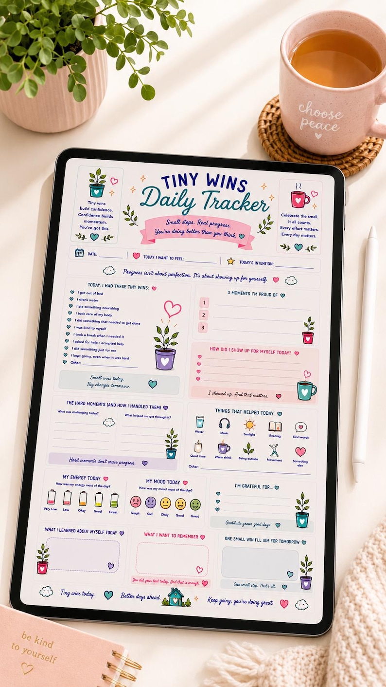 May include: A digital tablet displaying a Tiny Wins Daily Tracker template with sections for tracking mood, energy, gratitude, and daily accomplishments. The interface features pastel colors, floral illustrations, and motivational text like Choose Peace on a mug.