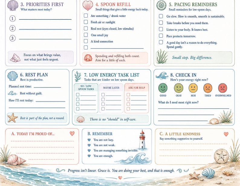 Puede incluir: Una p&aacute;gina de planificador diario con secciones tituladas Priorities First, Spoon Refill, Pacing Reminders, Rest Plan, Low Energy Task List, Check In, Today I'm Proud Of, Remember y A Little Kindness, decorada con ilustraciones de conchas y mar.