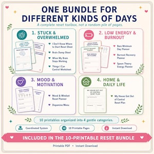 May include: A digital printable bundle titled One Bundle for Different Kinds of Days, featuring four categories: Stuck & Overwhelmed, Low Energy & Burnout, Mood & Motivation, and Home & Daily Life. It includes ten printable pages in a PDF format.