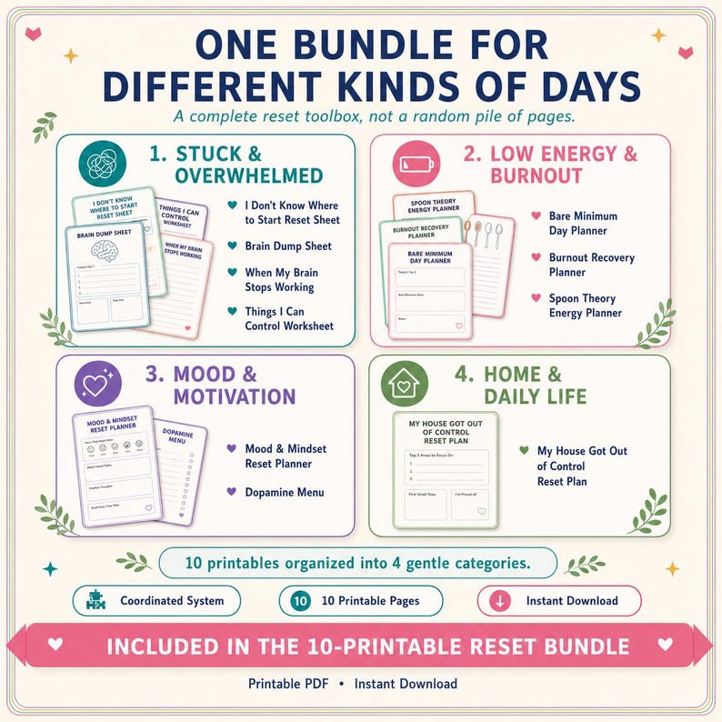 May include: A digital printable bundle titled One Bundle for Different Kinds of Days, featuring four categories: Stuck & Overwhelmed, Low Energy & Burnout, Mood & Motivation, and Home & Daily Life. It includes ten printable pages in a PDF format.