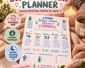 Puede incluir: Un planificador de rutina nocturna en papel blanco con iconos y texto coloridos, que incluye secciones para relajarse, nutrirse, desconectarse y cuidar la mente. El planificador presenta casillas de verificación y frases motivadoras.