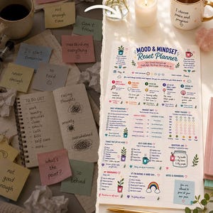 May include: A before-and-after image shows a cluttered desk with sticky notes and a journal, contrasted with a clean desk featuring a planner, candle, and mug. The planner is titled "Mood & Mindset Reset Planner."