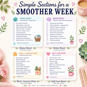 May include: A printable planner sheet titled Simple Sections for a SMOOTHER WEEK featuring four checklists: Home Reset, Brain Reset, Meal + Grocery Prep, and Self-Care Reset. Each section includes task lists, small illustrations, and a space for notes.