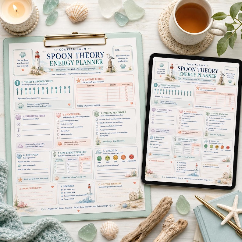 Puede incluir: Un planificador de energ&iacute;a Spoon Theory Coastal Calm impreso en un portapapeles y mostrado en una tableta. El planificador incluye secciones para conteo de cucharas, presupuestos de energ&iacute;a y recordatorios, decorado con ilustraciones de faros y conchas.
