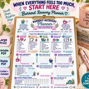 Op de afbeelding: Een Burnout Recovery Planner op een houten klembord met dertien genummerde secties voor dagelijkse bijhouding, zelfzorgvragen en dankbaarheidslijsten, voorzien van kleurrijke iconen, tekst en selectievakjes voor persoonlijke reflectie.
