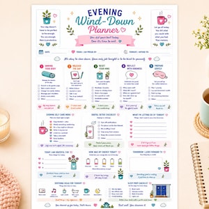 May include: A printed Evening Wind-Down Planner sheet featuring sections for daily reflection, self-care, digital detox, and sleep preparation. The document includes colourful icons, checkboxes, and text prompts to guide evening routines and mindfulness.