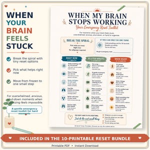 May include: A printable mental health resource titled When My Brain Stops Working, Your Emergency Reset Toolkit. The document features a structured guide with sections for immediate, short-term, and long-term actions to manage overwhelm.
