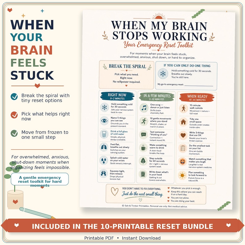 May include: A printable mental health resource titled When My Brain Stops Working, Your Emergency Reset Toolkit. The document features a structured guide with sections for immediate, short-term, and long-term actions to manage overwhelm.