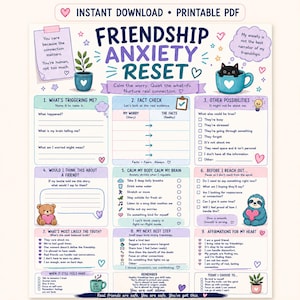 Friendship Anxiety Reset Worksheet | Overthinking & Reassurance Spiral Support | RSD, People Pleasing, Printable PDF