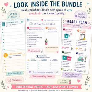 May include: A digital bundle of three printable worksheets featuring a Things I Need To Do list, a Bare Minimum Day Planner, and a Reset Plan. The pages include checkboxes, writing spaces, and colourful illustrations with text prompts for daily tasks.